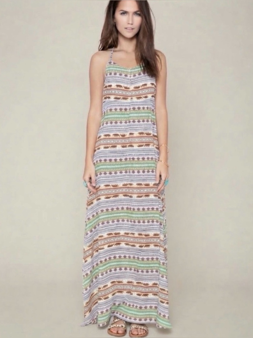 Mara Hoffman Striped Maxi Dress with Tigers in Green, Orange and Cream
